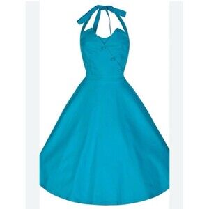 Lindy Bop A-Line Tea Length Teal Halter Dress Size 14 NWT